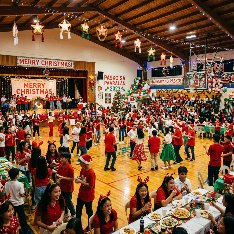Festive Christmas Party Atmosphere in Colorful School Gym