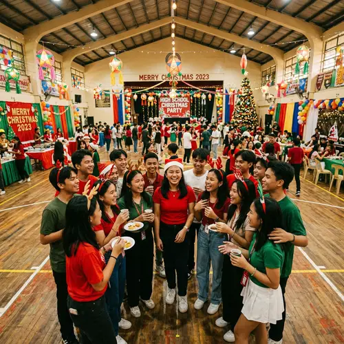 Filipino Students Christmas Party in Colorful School Gymnasium