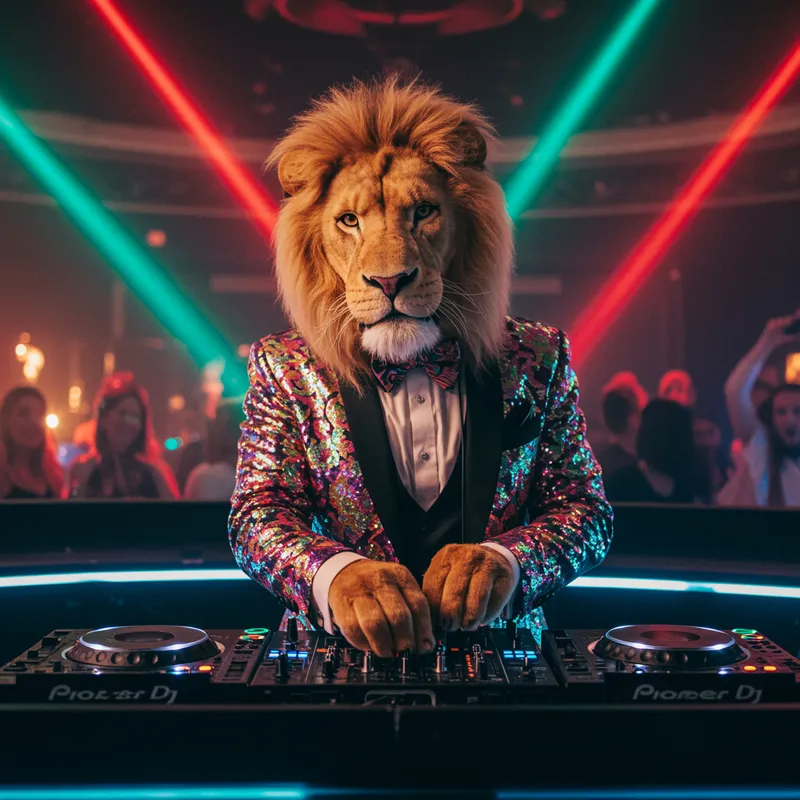 Elegant DJ Lion with Party Colors