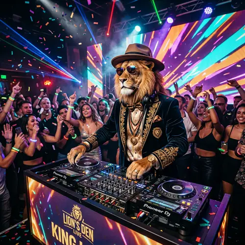 Elegant DJ Lion with Party Colors