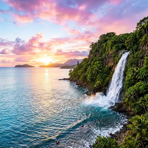Serene Ocean Landscape with Majestic Waterfall | Nature Colors
