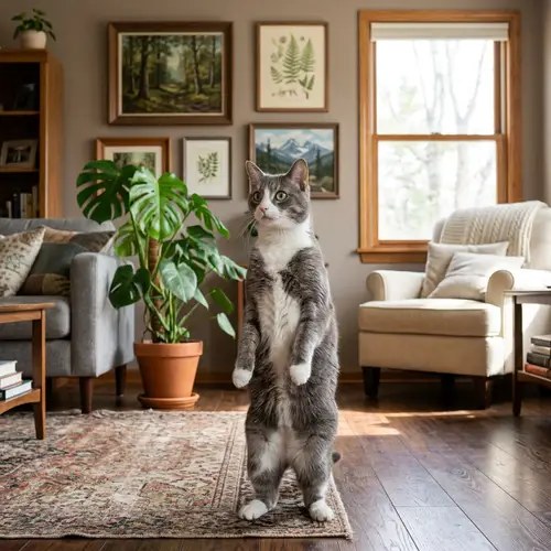 Curious Cat Standing in Sunlit Living Room | Grey & White Fur