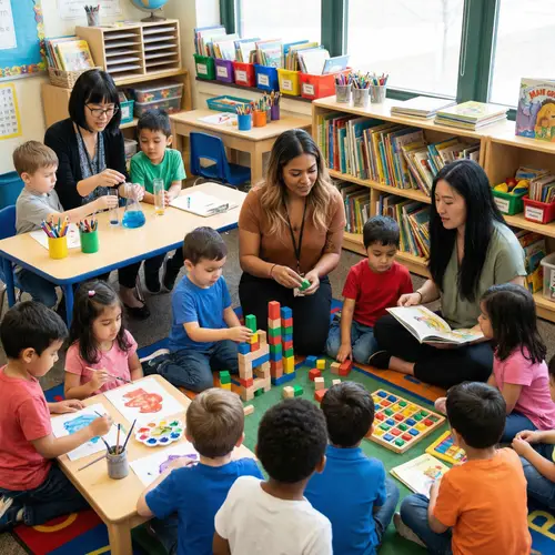 Diverse Female Teachers Engaging with Five-Year-Old Children