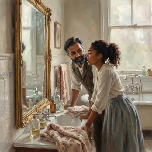 Impressionist Style Bathroom Scene with South Asian Man and Black Woman