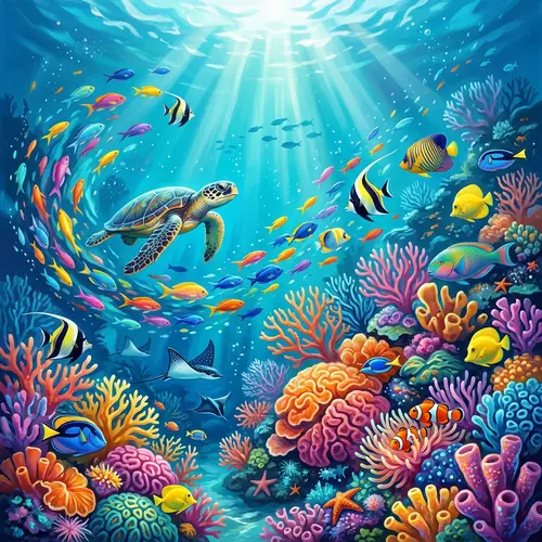 Vibrant Underwater Scene: Colorful Coral Reefs & Tropical Fish