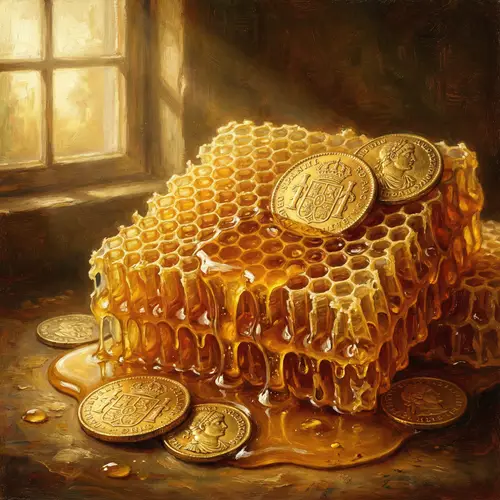 Luxurious Golden Honeycomb with Dripping Coins | Art Photography