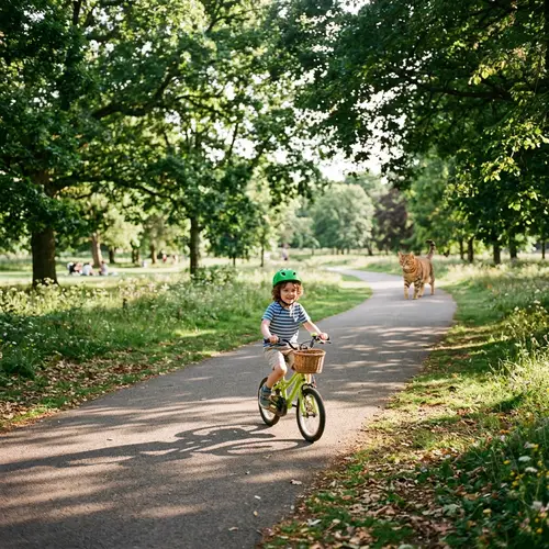 Child Bike-Riding in Lush Park with Housecat - Magical Scene