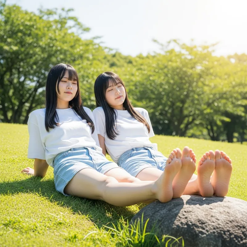 Young Japanese Women Relaxing Outdoors