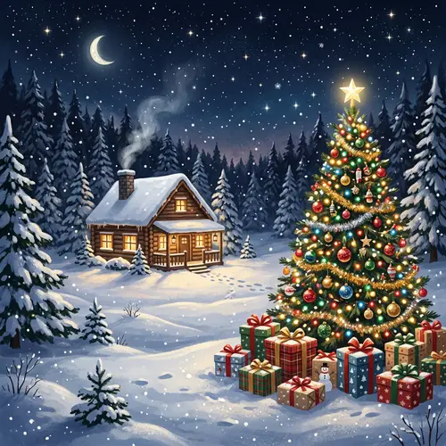 Enchanting Christmas Scene: Snowy Landscape, Log Cabin, and Festive Tree
