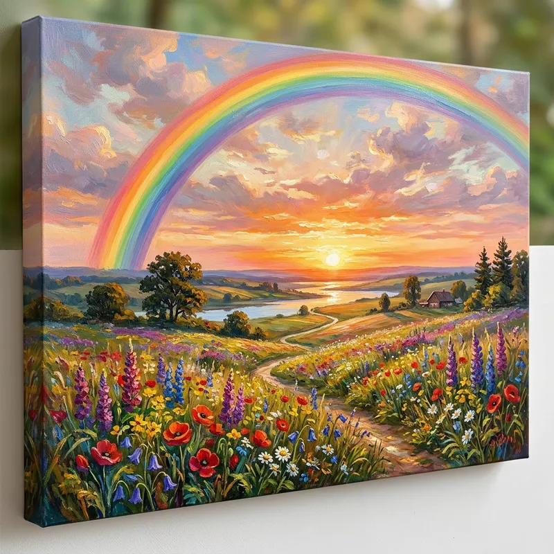 Beautiful Sunrise Horizon Painting with Rainbow and Flowers