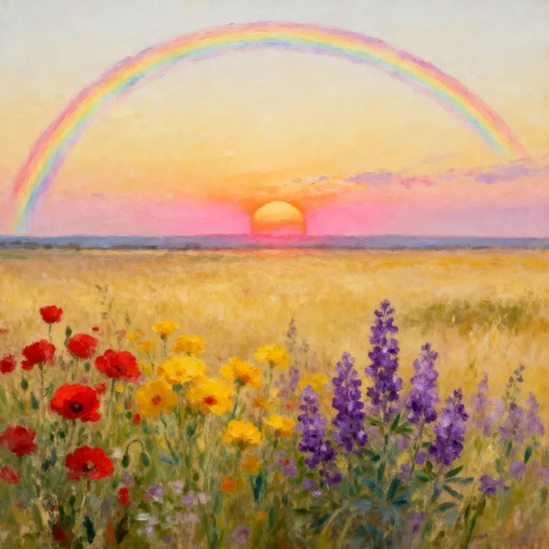 Beautiful Sunrise Horizon Painting with Rainbow and Flowers