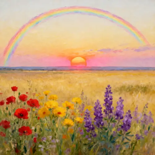 Beautiful Sunrise Horizon Painting with Rainbow and Flowers