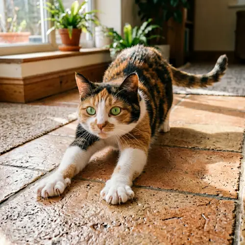Calico Cat Stretching on Warm Tiled Floor | Tranquil Feline Scene