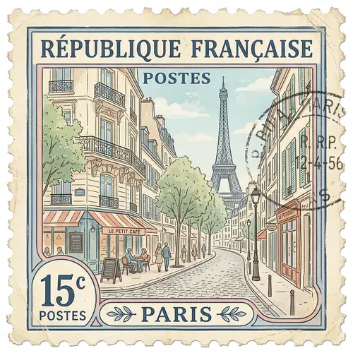 Vintage Parisian Landscape Stamp - Pastel Colors