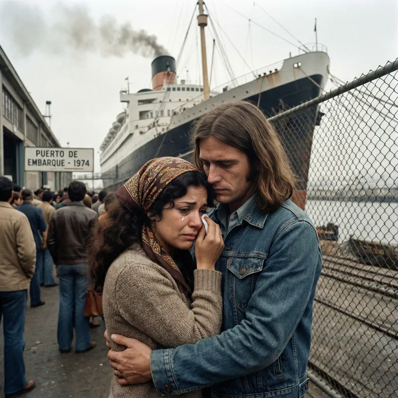 Nostalgic Love Scene: Emotional Farewell on 70s Ship
