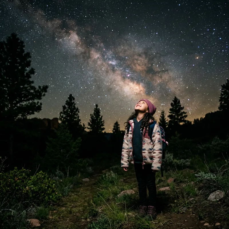 Enchanting Night Sky: Girl Stargazing Under Twinkling Stars