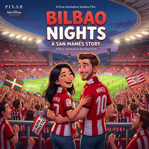 Pixar-Style Poster of an Asian Couple at Athletic Stadium