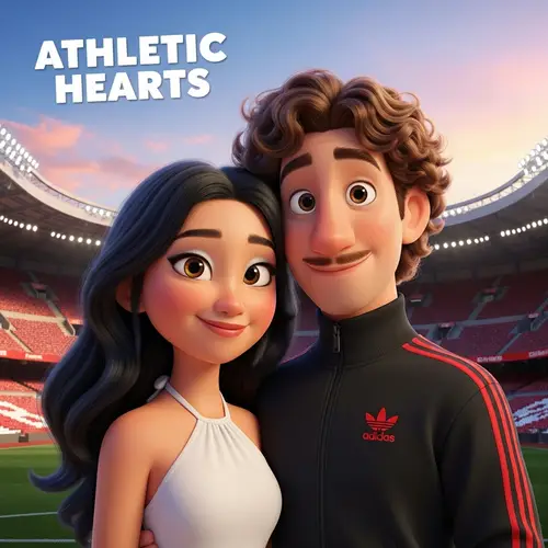 Pixar-Style Poster of an Asian Couple at Athletic Stadium