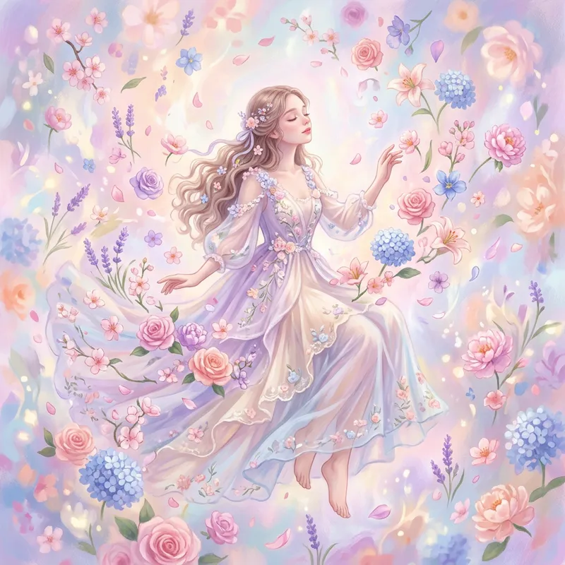 Dreamlike Portrait of a Woman Amid Ethereal Flowers and Pastel Delights Dreamlike Portrait of a Woman Amid Ethereal Flowers and Pastel Delights