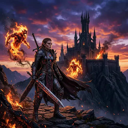 Ominous Fortress & Female Warrior with Ifrits | Fantasy Scene