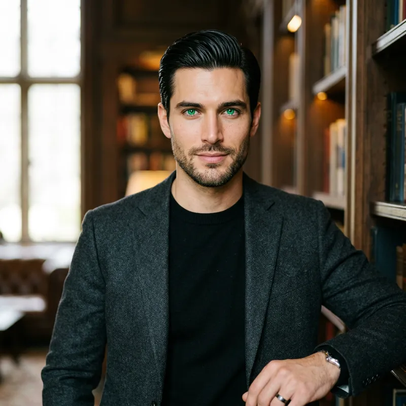 Visually Striking Man with Captivating Green Eyes and Sleek Black Hair