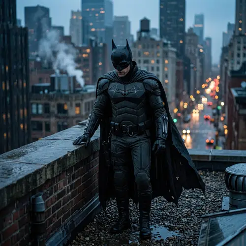 Dark Vigilante Gazing Over City Rooftops | Nocturnal Bat Emblem