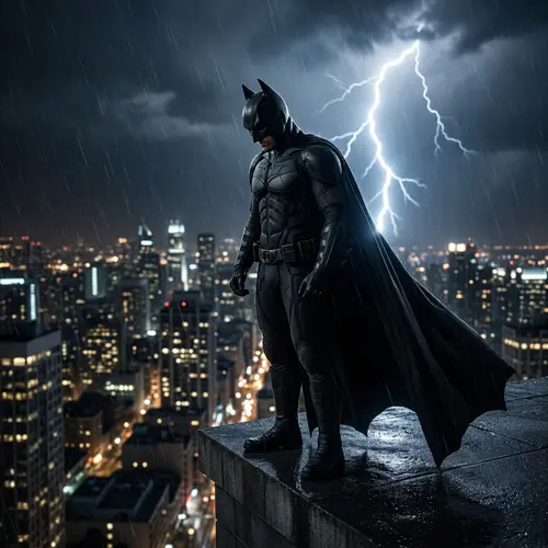 Brooding Bat-Themed Superhero Stands Over City in Solitude