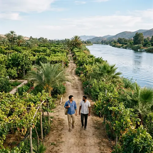 Men Walking Through Lush Gardens with Rivers Nearby