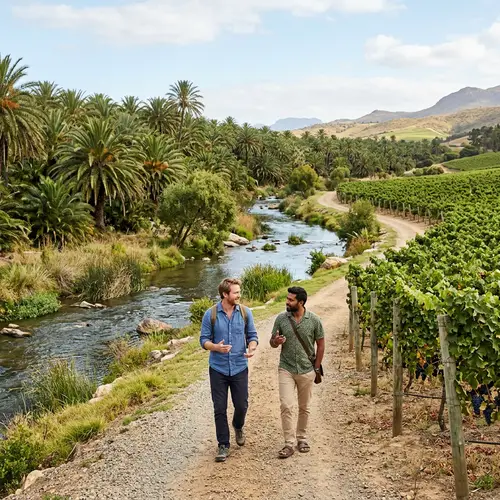 Men Walking Through Lush Gardens with Palm Trees