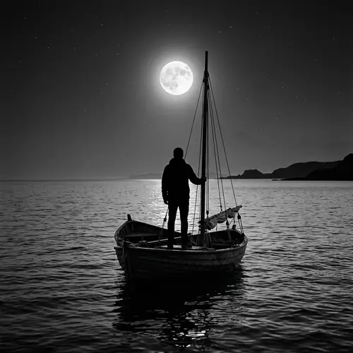 Tranquil Seascape: Unidentified Figure in Boat under Full Moon
