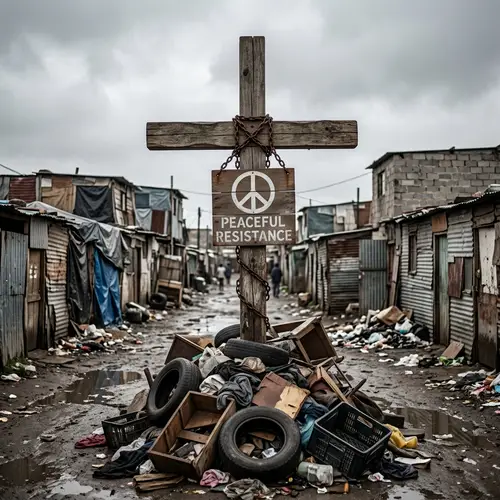 Wooden Cross Amid Urban Decay - Symbol of Peaceful Resistance