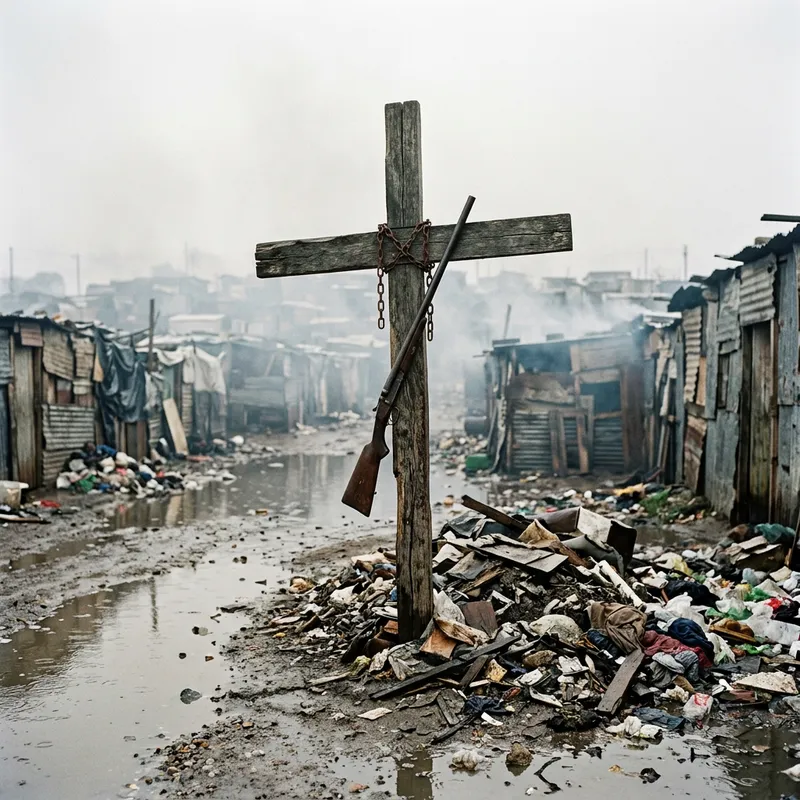 Eerie Wooden Cross with Shotgun in Slum Setting