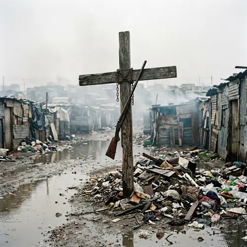 Weathered Wooden Cross with Shotgun in Slum Setting