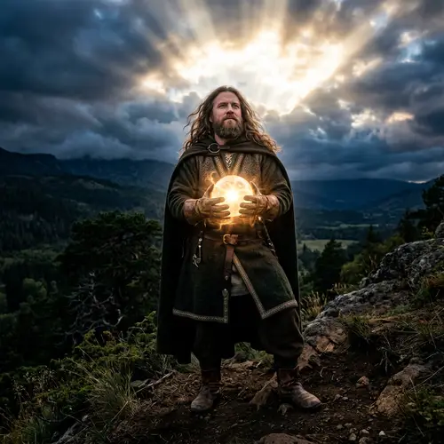 Historical Figure Holding Glowing Orb - Enigmatic Scene