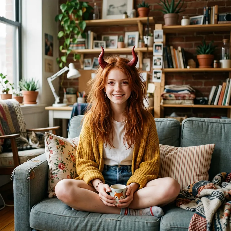 Intriguing Teenage Girl with Red Demonic Horns in an Apartment Intriguing Teenage Girl with Red Demonic Horns in an Apartment