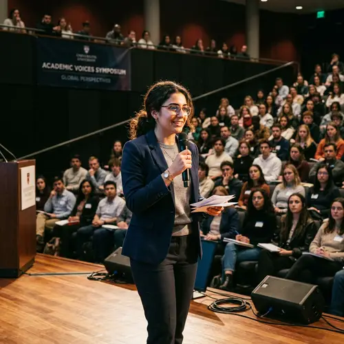 Confident Middle Eastern Student Speaking on Stage