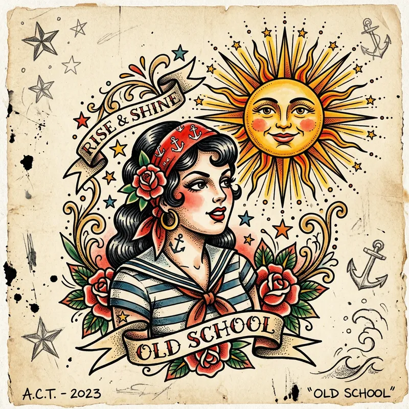 Old School Tattoo Sketch of Girl with Sun