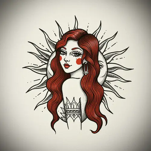 Old School Tattoo Sketch of Girl with Sun
