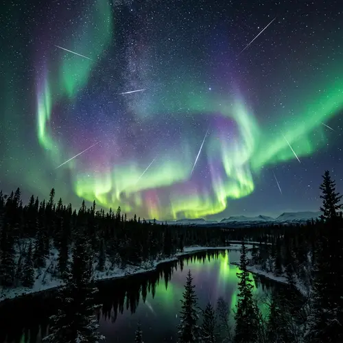 Aurora Borealis Night View Over Dense Forest | Starfall Sky