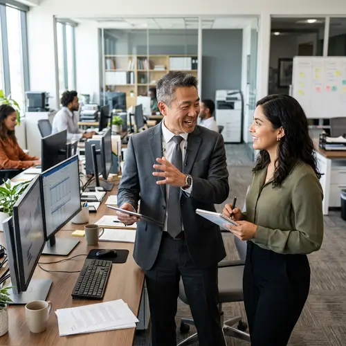 Professional Asian Male Coaching Young Hispanic Female in Modern Office Setting