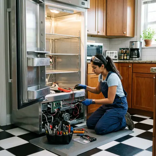 Expert Female Engineer Repairing Stainless Steel Fridge