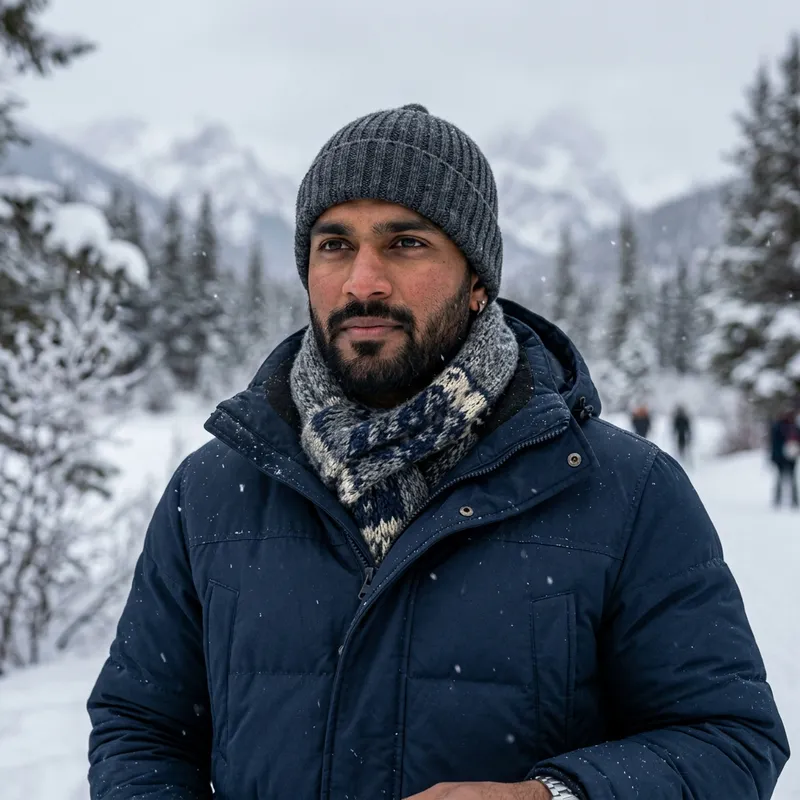 Strong Man in Winter Clothes with Determined Expression