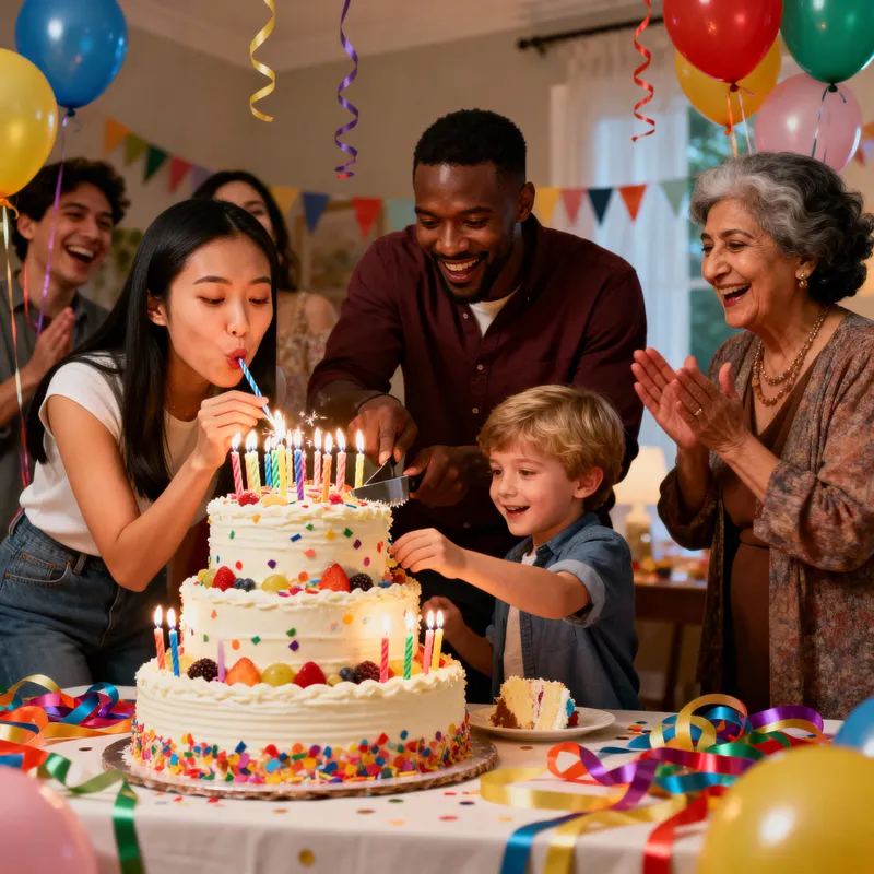 Festive Birthday Cake Celebration with Joyful Friends
