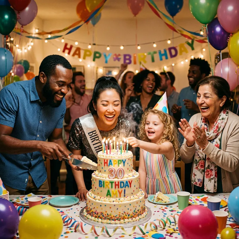 Festive Birthday Cake Celebration with Joyful Friends