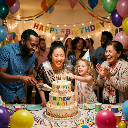 Festive Birthday Cake Celebration with Joyful Friends