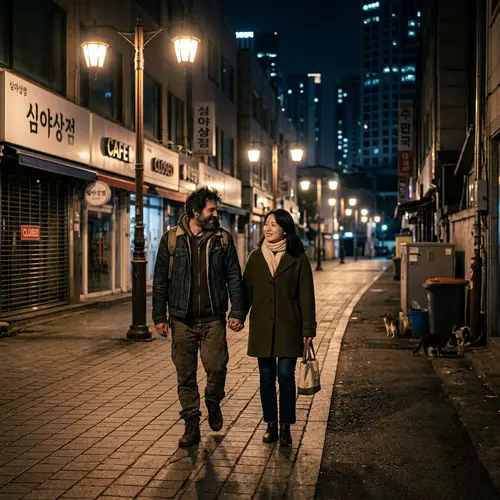 Late-Night Serenity: Homeless Man & Korean Girlfriend Out at Midnight