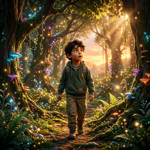 Enchanted Forest Exploration: Hyper-Realistic Young Boy