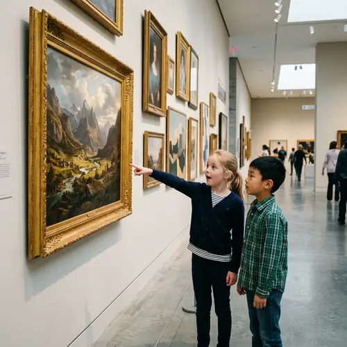 Young Girl and Boy Observing Paintings in Modern Art Gallery
