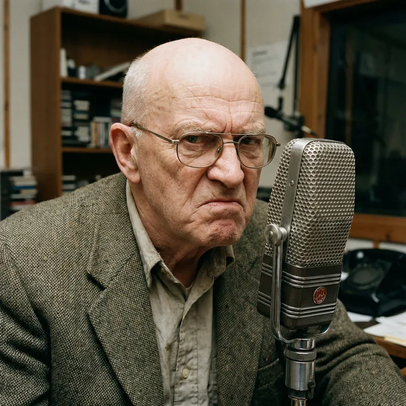 Bald Grumpy Old Man Behind Microphone | Website Name