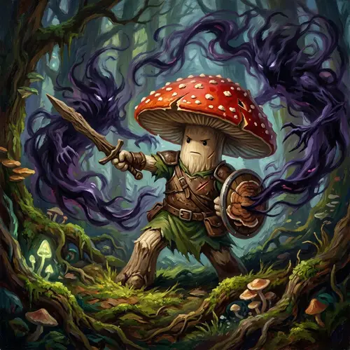 Heroic Mushroom Battling Against Evil in Fantasy Painting